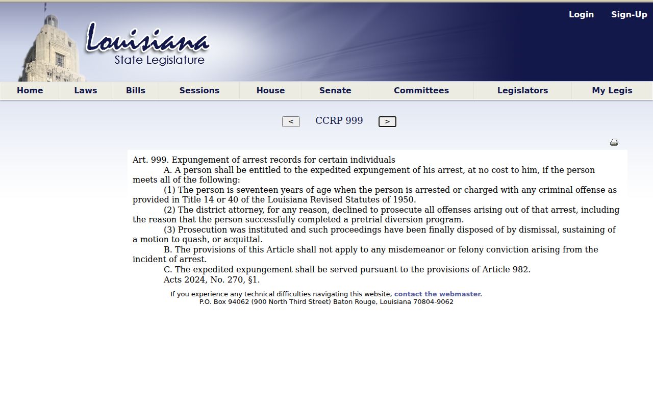 Red River Parish Hall Summit criminal record statutory source